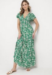 Zielona Sukienka Maxi w Kwiaty z Falowanymi Rękawkami i Gumką w Talii Mulanitti. Zielone sukienki Born2be, m, bez wzorów, bez kołnierzyka, bez ramiączek, maxi. Za 109.99 zł.