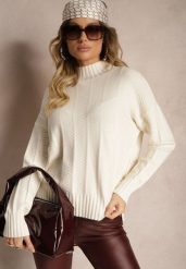Jasnobeżowy Sweter Półgolf z Ozdobnym Tłoczeniem Porttis. Brązowe swetry Renee, na zimę, l, bez wzorów, bez ramiączek. W wyprzedaży za 47.99 zł.