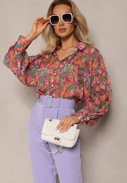 Różowo-Zielona Koszula z Bufiastymi Rękawami z Kwiatowym Printem Paedria. Czerwone koszule Renee, l, bez wzorów, bez kołnierzyka, bez ramiączek. Za 129.99 zł.