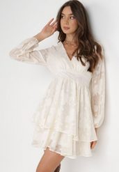Kremowa Sukienka Iolippe. Brązowe sukienki Born2be, m, bez wzorów, z materiału, bez kołnierzyka, bez ramiączek, maxi, kopertowe. Za 219.99 zł.