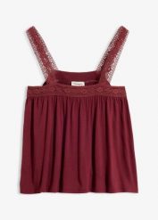 Top z miękkiej wiskozy. Czerwone topy bonprix, bez wzorów, z koronki, bez kołnierzyka, bez ramiączek. Za 27.99 zł.