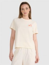 4F T-shirt oversize z nadrukiem damski - beżowy M. Brązowe t-shirty 4f, m, bez wzorów, z bawełny, klasyczne, bez kołnierzyka, bez ramiączek. Za 59.99 zł.