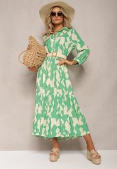 Zielono-Beżowa Koszulowa Sukienka Maxi w Geometryczny Wzór Qerida. Zielone sukienki Renee, na co dzień, l, bez wzorów, bez kołnierzyka, bez ramiączek, maxi, koszulowe. W wyprzedaży za 76.99 zł.