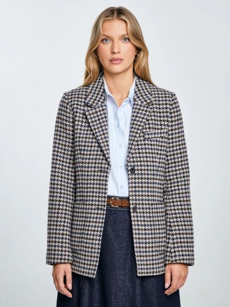 Marynarka damska slim w pepitkę z dodatkiem wełny Neida 000. Brązowe marynarki i żakiety BIG STAR, l, bez wzorów, z materiału, eleganckie, bez ramiączek. W wyprzedaży za 299.99 zł.