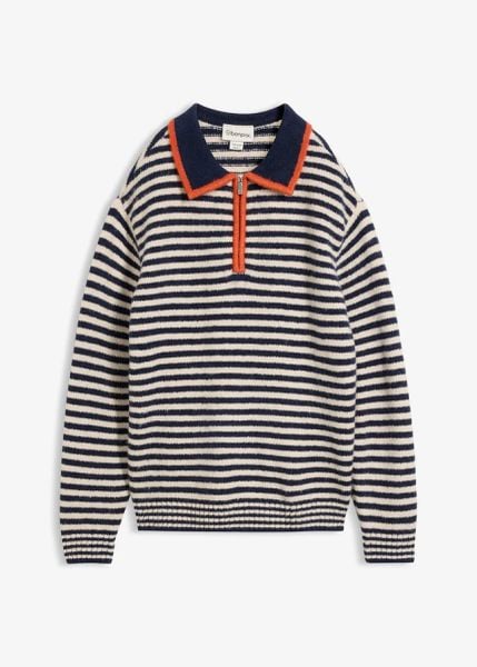 Sweter ze strukturalnej dzianiny ze stójką. Niebieskie swetry bonprix, bez wzorów, z dzianiny, bez ramiączek. Za 109.99 zł.