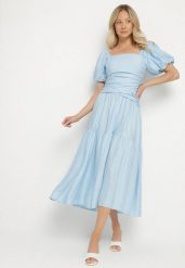 Niebieska Sukienka Rozkloszowana z Wiskozy z Kwadratowym Dekoltem i Drapowaniem Napessia. Niebieskie sukienki Born2be, na co dzień, l, bez wzorów, z wiskozy, eleganckie, bez kołnierzyka, bez ramiączek, midi, rozkloszowane. Za 139.99 zł.