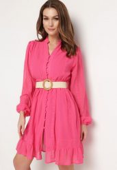 Fuksjowa Sukienka Nesilwyn. Czerwone sukienki Born2be, m, bez wzorów, z tkaniny, boho, bez kołnierzyka, bez ramiączek, mini, rozkloszowane. Za 199.99 zł.