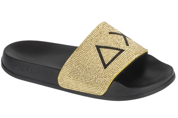 Klapki na basen damskie, Slippers Strass Logo. Żółte klapki SUN68, bez wzorów, z materiału, sportowe, bez obcasa, bez zapięcia. Za 169.90 zł.
