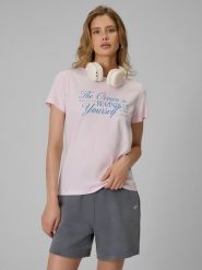4F T-shirt regular z nadrukiem damski - różowy M. Czerwone t-shirty 4f, m, bez wzorów, z bawełny, biznesowe, bez kołnierzyka, bez ramiączek. W wyprzedaży za 39.99 zł.