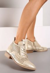 Złote Płaskie Botki z Ażurowym Zdobieniem Skórzaną Wkładką i Sznurowaniem Jagelia. Żółte botki Renee, z aplikacjami, z bawełny, biznesowe, bez obcasa, na obcasie, bez zapięcia. Za 169.99 zł.