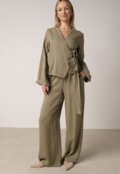 Zielone Wiskozowe Spodnie z Szeroką Nogawką i Wiązaniem w Talii Terisanna. Zielone jeansy Born2be, l, bez wzorów, z jeansu, eleganckie. Za 119.99 zł.