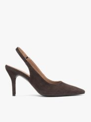 Brązowe czółenka bez pięty slingback na wysokim obcasie. Brązowe czółenka Brawo sp. z o.o., bez wzorów, z gumy, eleganckie, bez obcasa, na obcasie, bez zapięcia. Za 399.99 zł.