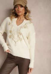 Jasnobeżowy Sweter z Wełną i Metalicznym Wzorem w Kwiaty Senithea. Brązowe swetry Renee, na jesień, m, bez wzorów, z jeansu, casualowe, bez ramiączek. W wyprzedaży za 127.99 zł.