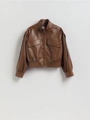 Kurtka biker z imitacji skóry - brązowy. Brązowe kurtki Reserved, l, bez wzorów, ze skóry, bez kaptura. Za 279.99 zł.