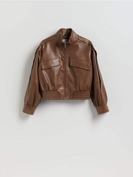 Kurtka biker z imitacji skóry - brązowy. Brązowe kurtki Reserved, l, bez wzorów, ze skóry, bez kaptura. Za 279.99 zł.