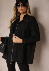Czarna Kurtka Parka z Dodatkiem Bawełny Wykończona Troczkami Zapinana na Napy Velona. Czarne kurtki Renee, l, bez wzorów, z bawełny, eleganckie, bez kaptura. W wyprzedaży za 107.99 zł.