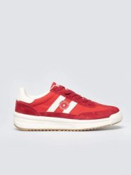 Sneakersy damskie ze skórzanymi wstawkami czerwone TT274158 603. Czerwone buty sportowe lifestyle BIG STAR, z aplikacjami, z gumy, sportowe, z okrągłym noskiem, bez zapięcia. Za 139.99 zł.