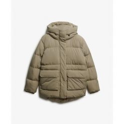 Damska kurtka puchowa Superdry. Brązowe kurtki Superdry, na zimę, bez wzorów, z puchu, bez kaptura. Za 777.60 zł.