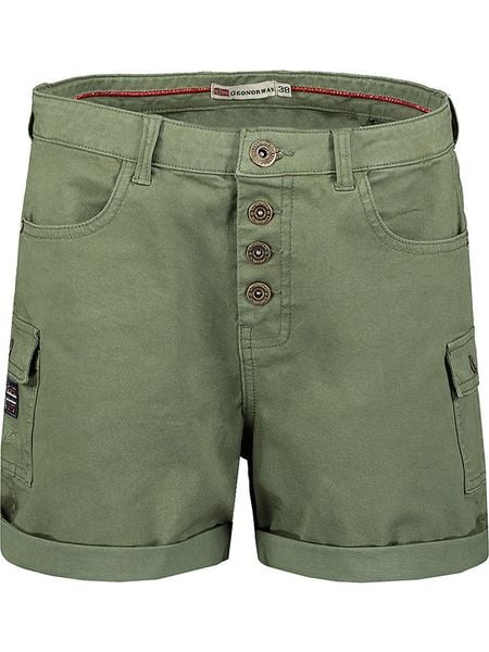 Geographical Norway Bermudy "Polla" w kolorze khaki rozmiar: L. Brązowe szorty Geographical Norway, z aplikacjami, ze skóry. Za 52.42 zł.