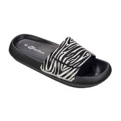 Klapki damskie Beco Zebra Vibes - czarno-białe. Czarne klapki 47 Brand, bez wzorów, z syntetyku, bez obcasa, na płaskiej podeszwie, bez zapięcia. Za 254.99 zł.