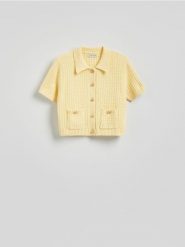 Bawełniany kardigan z guzikami - jasnożółty. Żółte swetry Reserved, l, bez wzorów, z bawełny, bez ramiączek. Za 139.99 zł.
