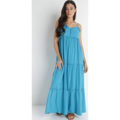 Niebieska Sukienka Cilaris. Niebieskie sukienki Born2be, s, bez wzorów, z tkaniny, bez kołnierzyka, bez ramiączek, maxi, rozkloszowane. W wyprzedaży za 95.99 zł.