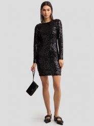 Sukienka damska mini cekinowa dopasowana czarna Efori 906. Czarne sukienki BIG STAR, na imprezę, l, bez wzorów, z materiału, eleganckie, bez kołnierzyka, bez ramiączek, mini, dopasowane. W wyprzedaży za 139.99 zł.