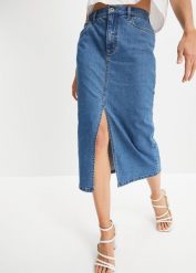 Długa spódnica dżinsowa z rozcięciem, z materiału Positive Denim #1 Fabric. Niebieskie spódnice bonprix, bez wzorów, z bawełny, maxi. Za 142.99 zł.