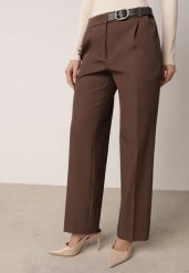 Brązowe Garniturowe Spodnie VICES na Kant z Wszytym Paskiem z Klamrą Azivore. Brązowe jeansy Born2be, l, bez wzorów, z jeansu, eleganckie. Za 119.99 zł.