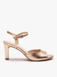 Platynowe sandały na szpilce. Brązowe sandały Ryłko, bez wzorów, ze skóry, eleganckie, z okrągłym noskiem, bez obcasa, na szpilce, bez zapięcia. Za 399.99 zł.