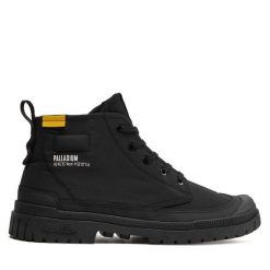 Trapery Palladium. Czarne traperki Palladium, bez wzorów, bez obcasa, bez zapięcia. Za 379.99 zł.