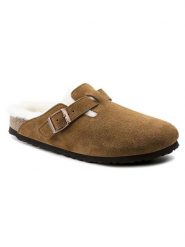 Birkenstock Skórzane klapki "Boston" w kolorze jasnobrązowym rozmiar: 37. Brązowe klapki Birkenstock, bez wzorów, z wełny, klasyczne, bez obcasa, bez zapięcia. Za 616.40 zł.