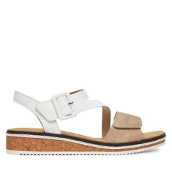 Sandały Rieker. Białe sandały Rieker, bez wzorów, bez obcasa, na koturnie, bez zapięcia. Za 299.99 zł.