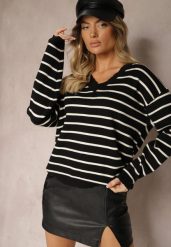 Czarno-Beżowy Sweter z Dodatkiem Wiskozy Ozdobiony Paskami i Ściągaczami Tariline. Czarne swetry Renee, s, bez wzorów, z jeansu, casualowe, bez ramiączek. W wyprzedaży za 67.99 zł.