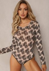 Ciemnobeżowe Body z Siateczki w Geometryczny Print Loreali. Brązowe body i gorsety Renee, bez wzorów, bez ramiączek. W wyprzedaży za 26.99 zł.