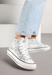 Srebrne Trampki z Wysoką Tłoczoną Cholewką Willevia. Szare trampki Renee, bez wzorów, z jeansu, eleganckie, przed kolano, bez zapięcia. W wyprzedaży za 67.99 zł.