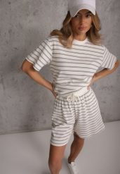 Czarno-Białe Casualowe Szorty High Waist w Prążki z Bawełnianej Tkaniny Lennliss. Białe szorty Renee, bez wzorów, z bawełny, casualowe. Za 49.99 zł.