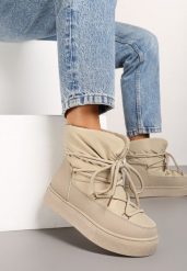 Ciemnobeżowe Śniegowce na Platformie ze Sznurowaniem Izatria. Brązowe śniegowce Renee, bez wzorów, z futra, bez zapięcia. Za 69.99 zł.