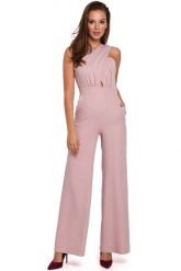 Pudrowa Elegancki Kombinezon z Przekładanym Przodem. Czarne kombinezony MAKEOVER, l, bez wzorów, z elastanu, eleganckie, bez kołnierzyka, bez ramiączek. Za 204.91 zł.