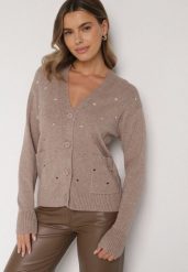 Beżowy Rozpinany Kardigan w Kropki Tusvanea. Brązowe swetry Born2be, l, bez wzorów, z jeansu, klasyczne, bez ramiączek. Za 79.99 zł.