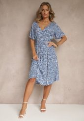Niebieska Rozkloszowana Sukienka z Bawełny Zdobiona Kwiatowym Printem Arirelle. Niebieskie sukienki Renee, na imprezę, l, z aplikacjami, z bawełny, eleganckie, bez kołnierzyka, bez ramiączek, midi, rozkloszowane. W wyprzedaży za 55.99 zł.