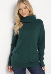Ciemnozielony Golf z Wiskozą Zdobiony Wsuwanymi Kieszonkami Viaela. Zielone swetry Born2be, l, z aplikacjami, z jeansu, eleganckie, plus size, bez ramiączek. W wyprzedaży za 76.49 zł.