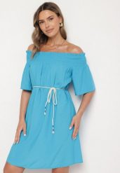 Niebieska Sukienka z Wiskozą Bawełną Hiszpańskim Dekoltem i Sznurkiem Lilarenne. Niebieskie sukienki Born2be, na co dzień, m, bez wzorów, z bawełny, eleganckie, bez kołnierzyka, bez ramiączek, mini. W wyprzedaży za 38.24 zł.