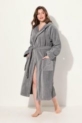 Damskie Szlafrok kaptur pasek trapezowy fason frotte. Szare szlafroki damskie Ulla Popken, plus size, bez wzorów, z bawełny, bez ramiączek, długie. Za 349.99 zł.