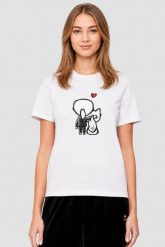 KARL LAGERFELD Biały damski t-shirt z nadrukiem Ikon Valentine, Rozmiar M. Białe t-shirty KARL LAGERFELD, m, bez wzorów, eleganckie, bez kołnierzyka, bez ramiączek. W wyprzedaży za 219.99 zł.