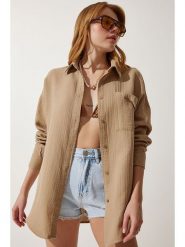 Happiness Istanbul Bluzka w kolorze jasnobrązowym rozmiar: 40. Brązowe bluzki Happiness Istanbul, bez wzorów, z bawełny, bez kołnierzyka, bez ramiączek. Za 86.99 zł.