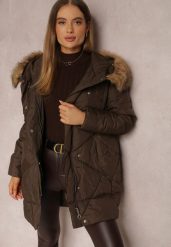 Ciemnobrązowa Kurtka Pikowana z Futerkiem Masee. Brązowe kurtki Renee, na zimę, l, z aplikacjami, bez kaptura. W wyprzedaży za 259.99 zł.