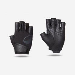 Rękawiczki do treningu siłowego Domyos. Czarne rękawiczki CORENGTH, bez wzorów, z materiału, sportowe. Za 59.99 zł.