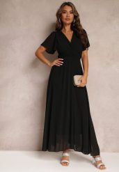 Czarna Rozkloszowana Sukienka z Kopertowym Dekoltem Obillis. Czarne sukienki Renee, na imprezę, uniwersalny, bez wzorów, z jeansu, eleganckie, bez kołnierzyka, bez ramiączek, maxi, kopertowe. W wyprzedaży za 119.99 zł.