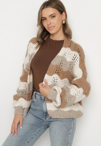 Beżowo-Brązowy Kardigan w Ażurowy Wzór z Dodatkiem Wełny i Wiskozy Esilla. Brązowe swetry Born2be, w ażurowe wzory, z dzianiny, eleganckie, bez ramiączek. Za 159.99 zł.